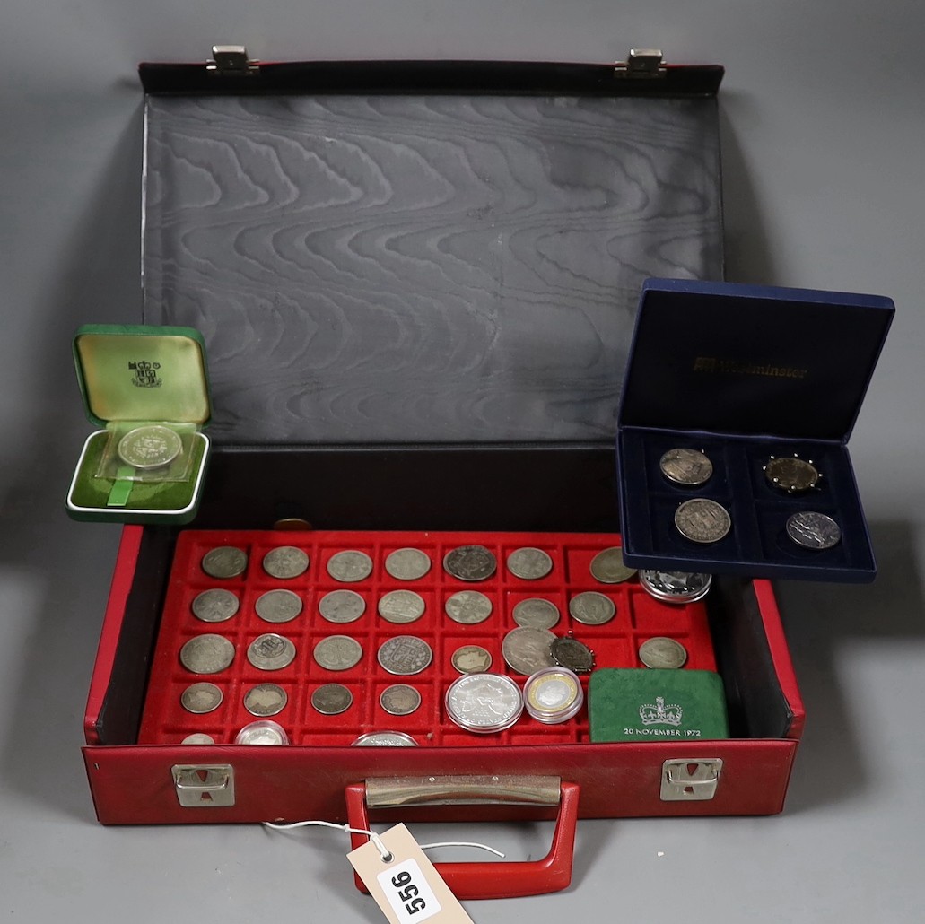 Silver and other coins including two cased Elizabeth and Philip silver jubilee crowns, two Victoria mounted half crowns, florins, shillings, modern commemorative coins etc.